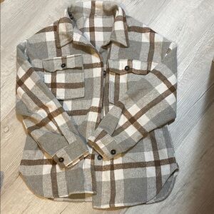 Woman’s Plaid Button-Down Shirt in Gray and Brown